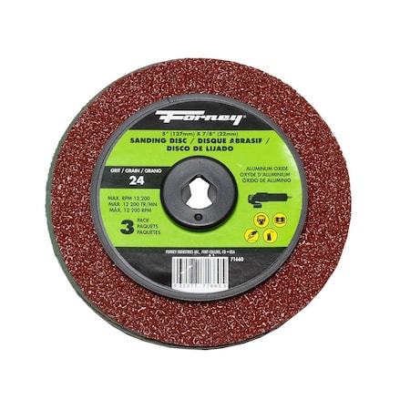 Forney Resin Fibre Sanding Disc, Aluminum Oxide, 5 in x 7/8 in Arbor, 24 Grit 71660